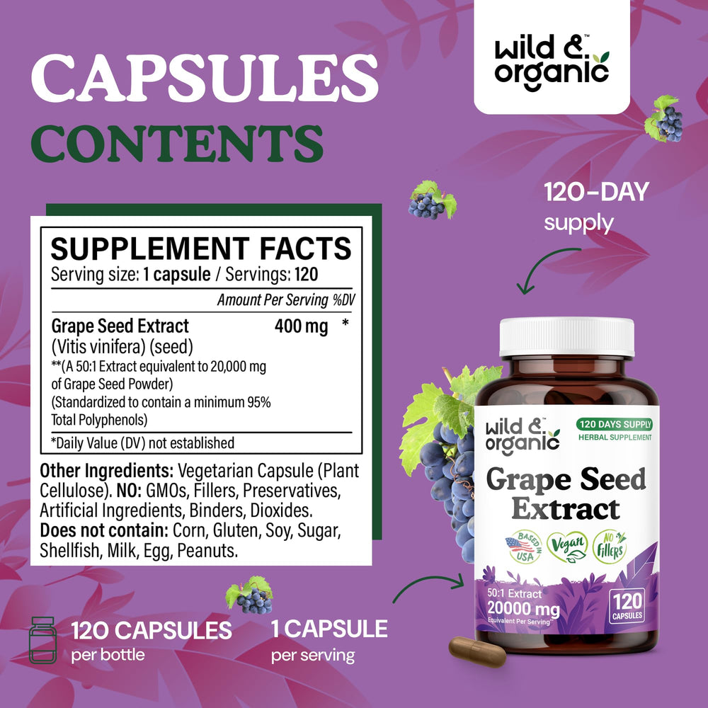 Wild & Organic grape seed extract label back showing vegan non-GMO ingredients