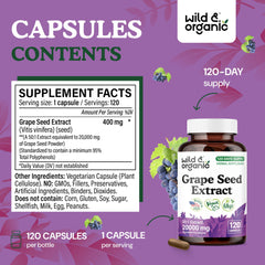 Wild & Organic grape seed extract label back showing vegan non-GMO ingredients