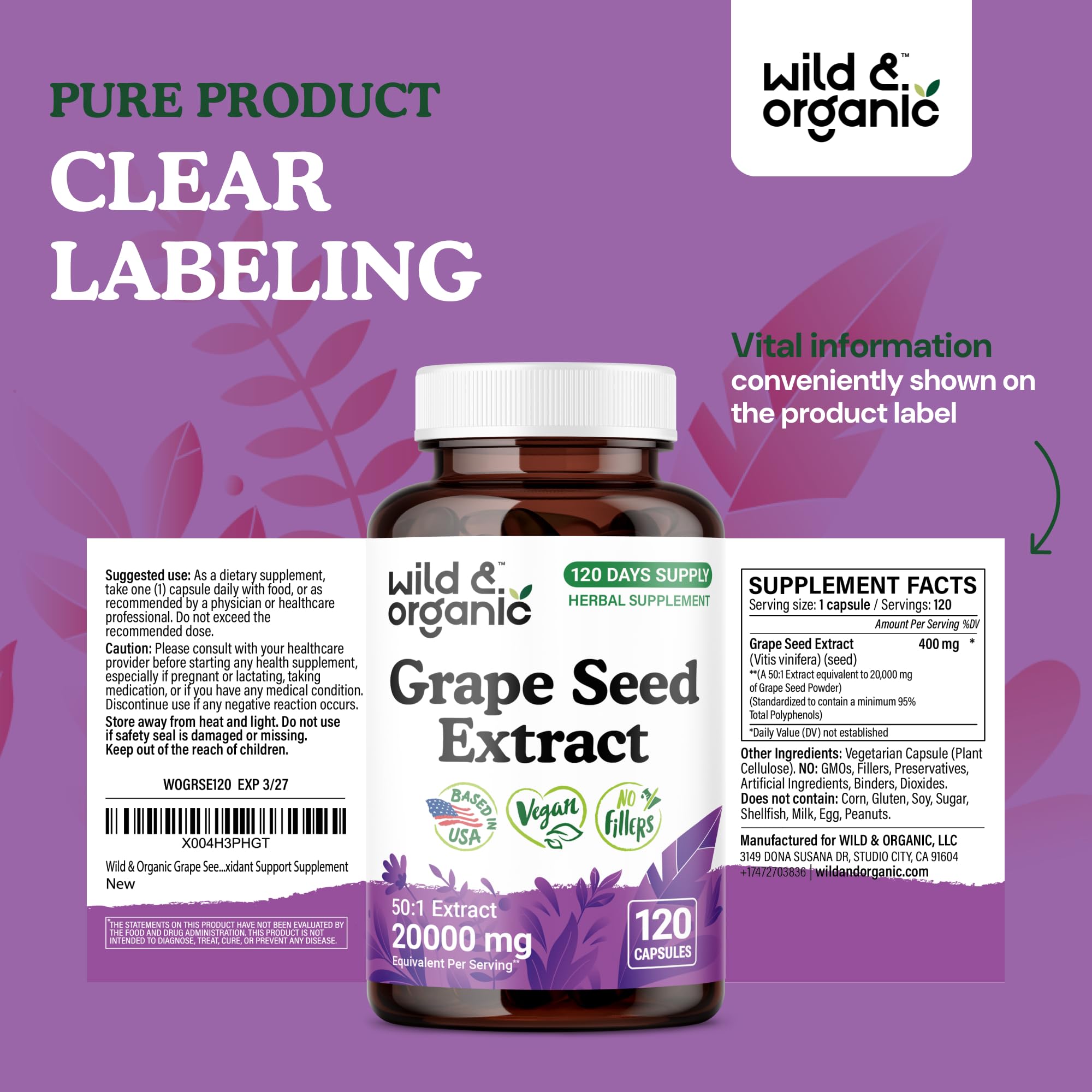 Wild & Organic grape seed extract packaging with premium label and clear details