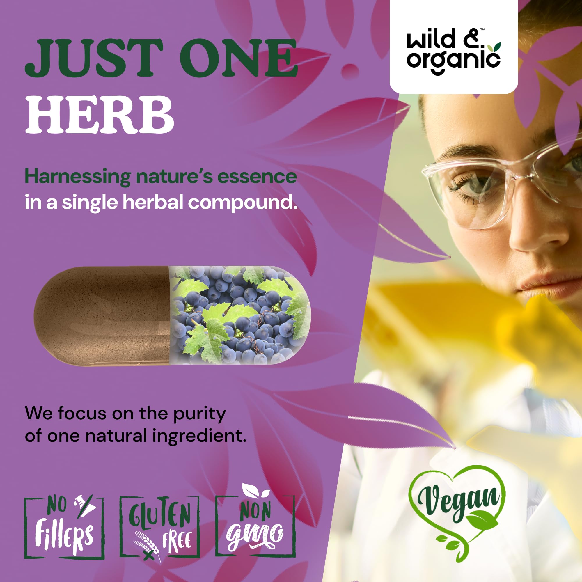 Wild & Organic vegan grape seed capsules in a clean package