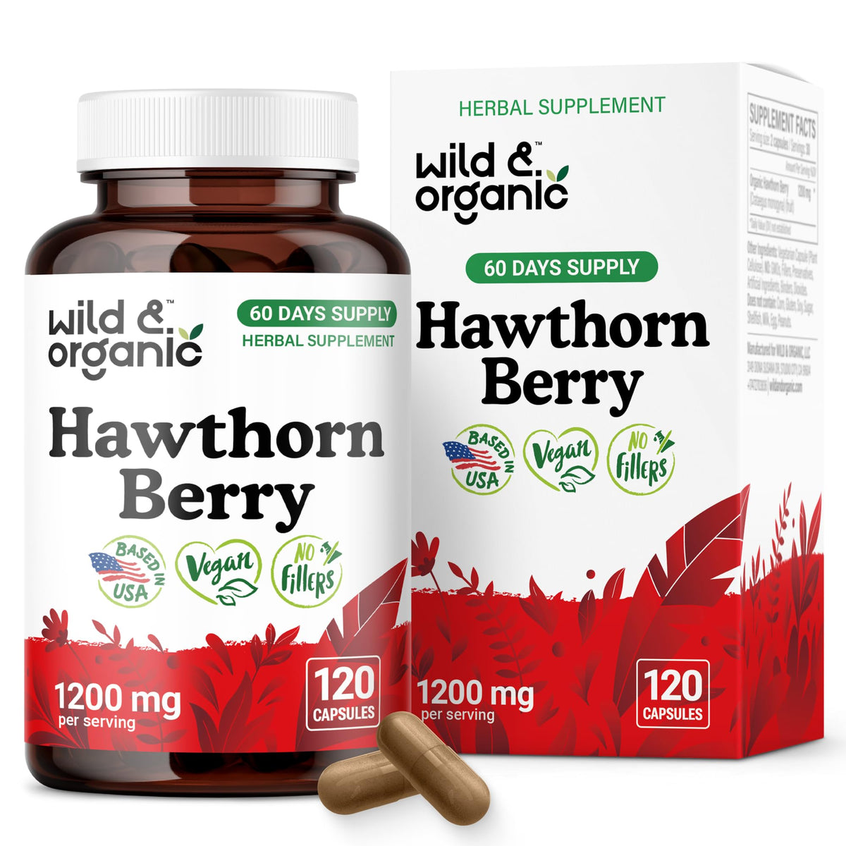 Wild & Organic Hawthorn Berry Capsules bottle on white, convenient overall support option.