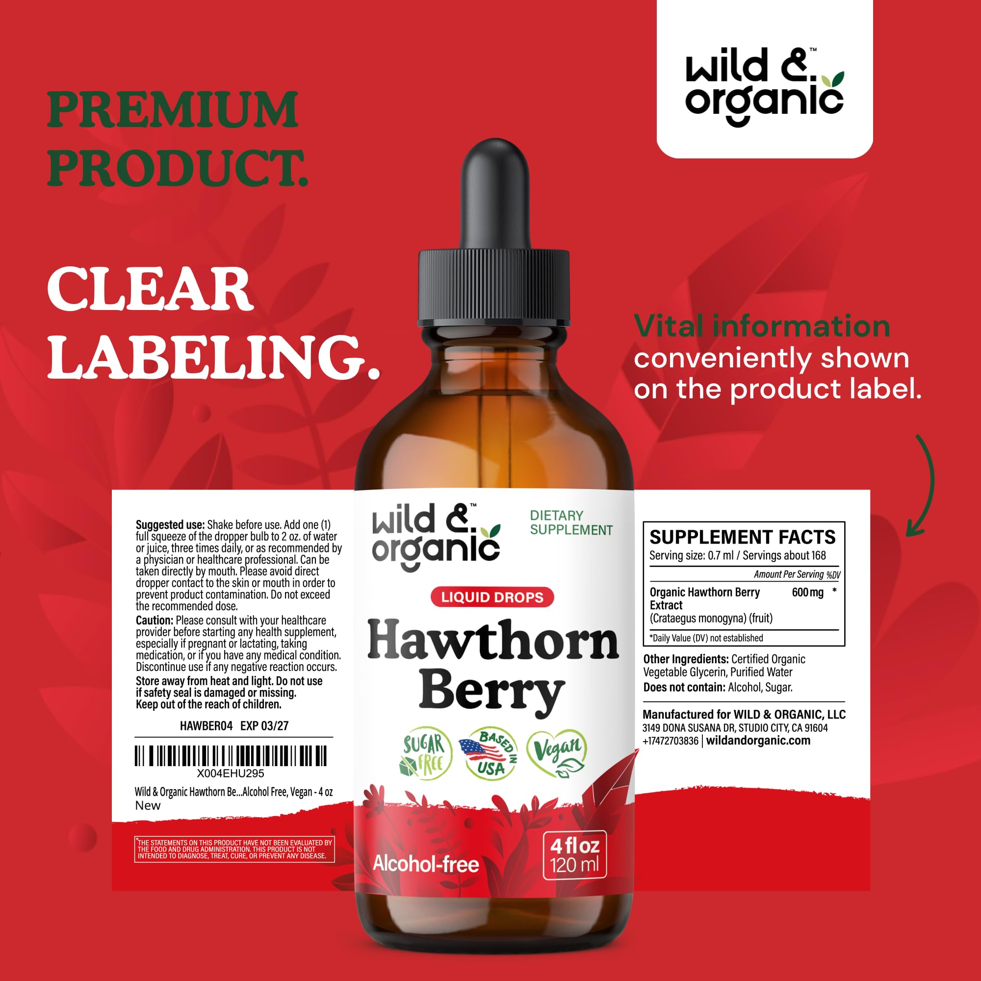 Wild & Organic Hawthorn Berry Tincture full bottle on table
