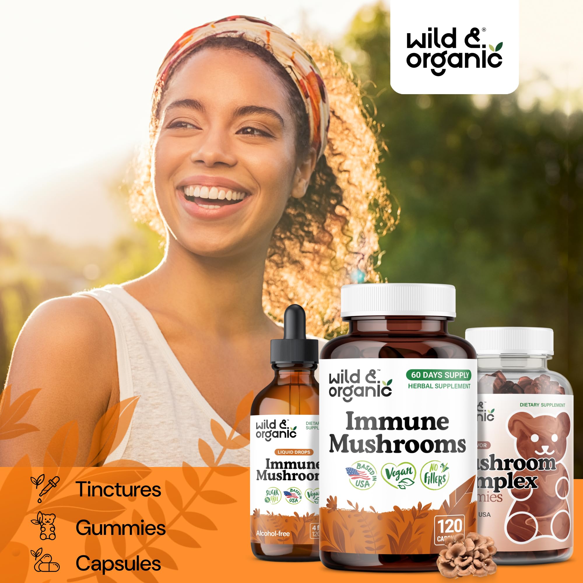Wild & Organic Immune Mushroom Blend bottle beside a glass of water for routine use.