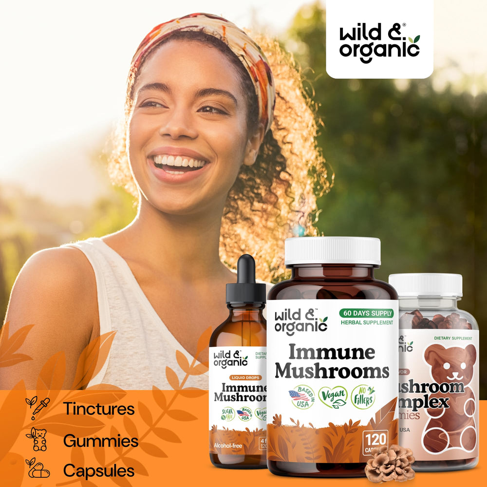 Wild & Organic Immune Mushroom Blend bottle beside a glass of water for routine use.
