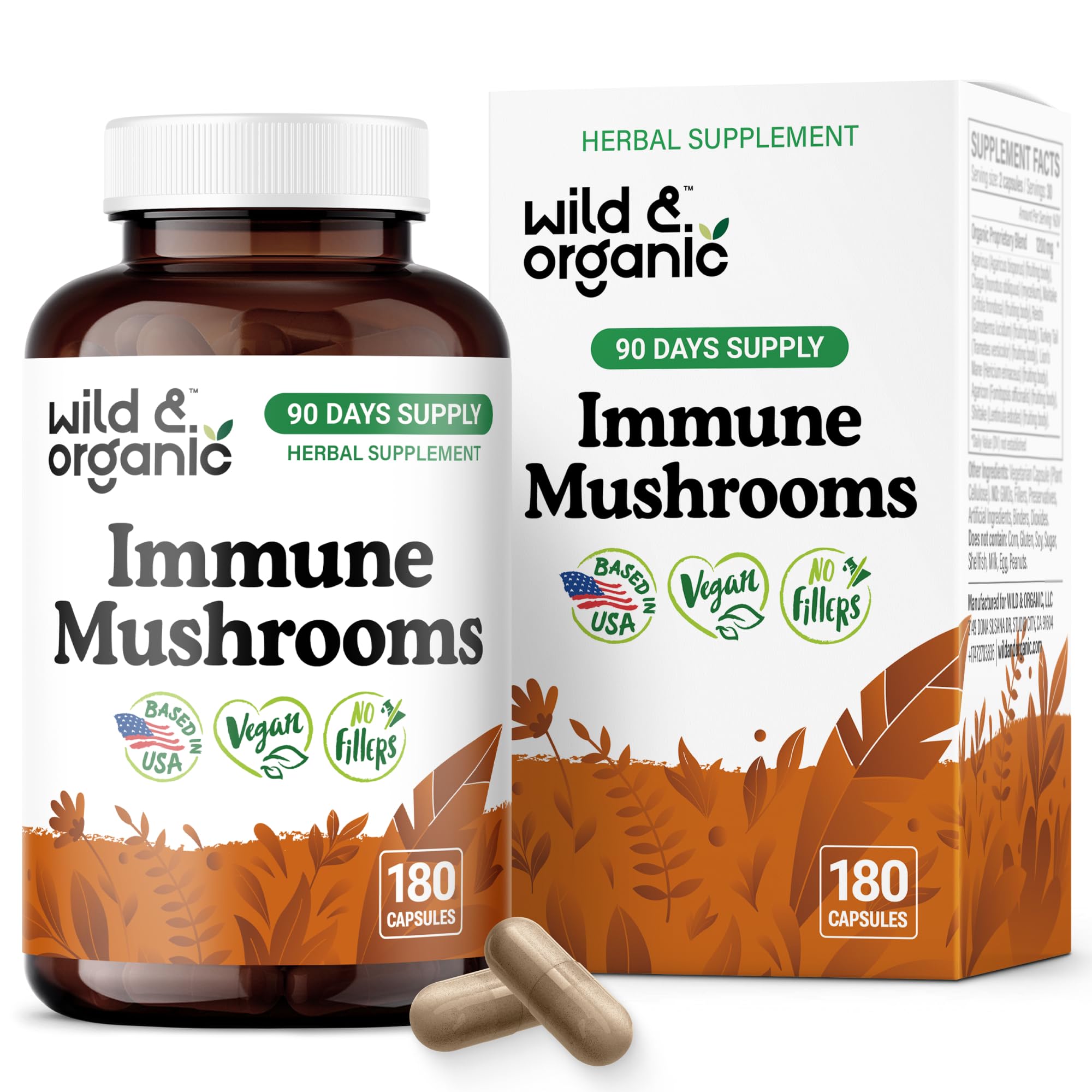 Wild & Organic Immune Mushroom Blend bottle – vegan immune-support formula.