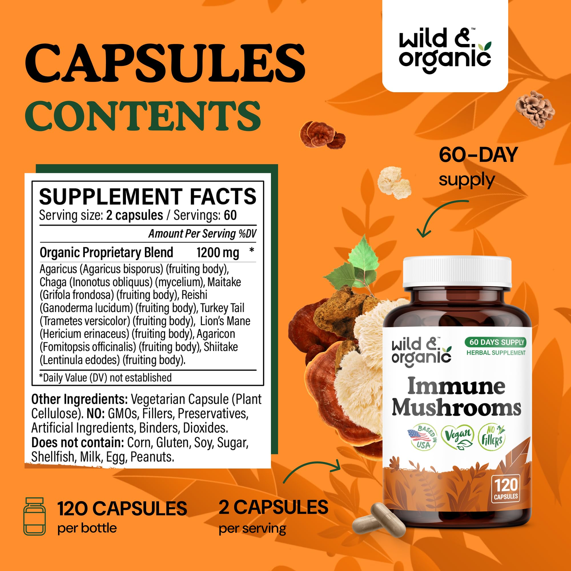 Wild & Organic Immune Mushroom Blend label detail highlighting 1200 mg per serving.