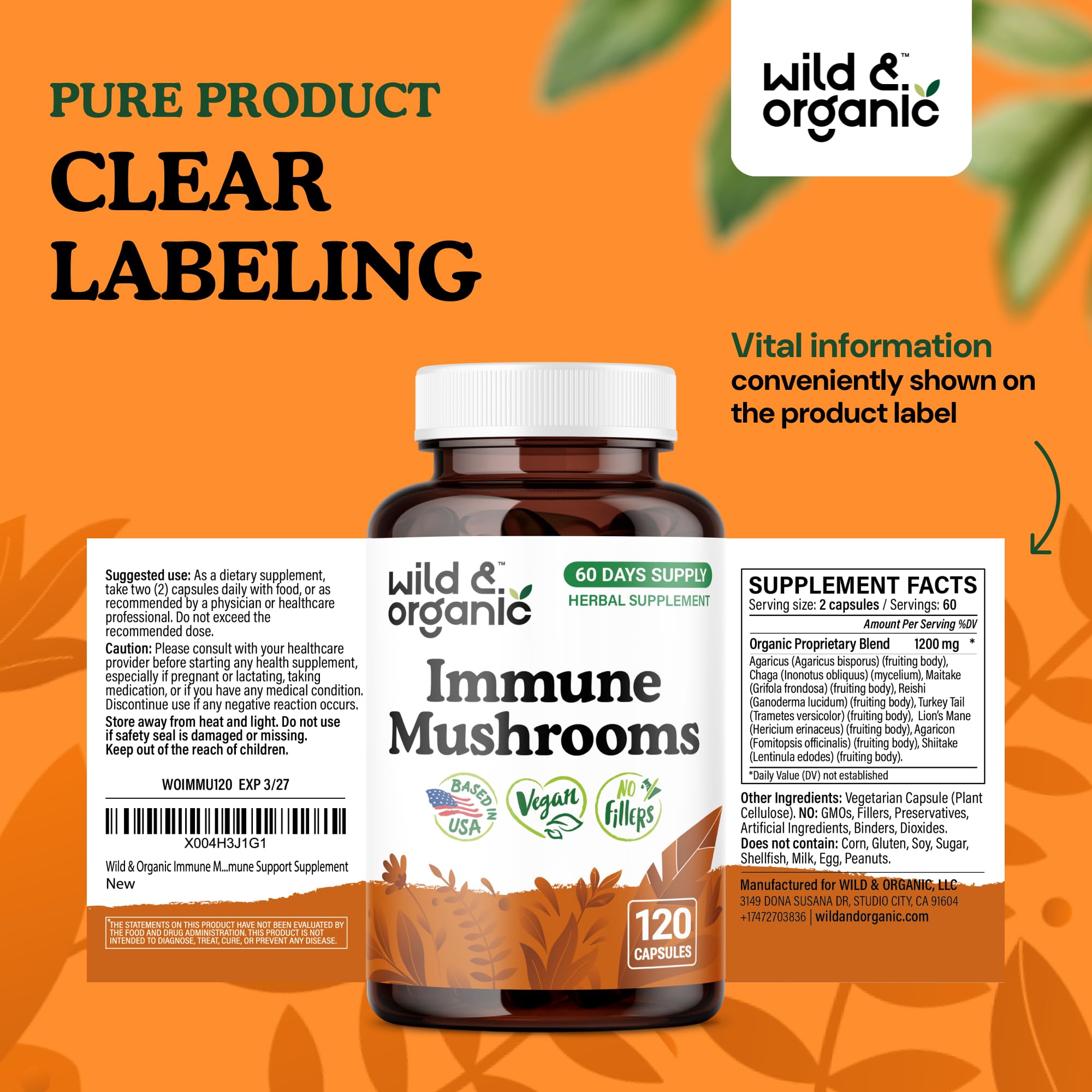 Wild & Organic Immune Mushroom Blend packaging on shelf appealing to vegan shoppers.
