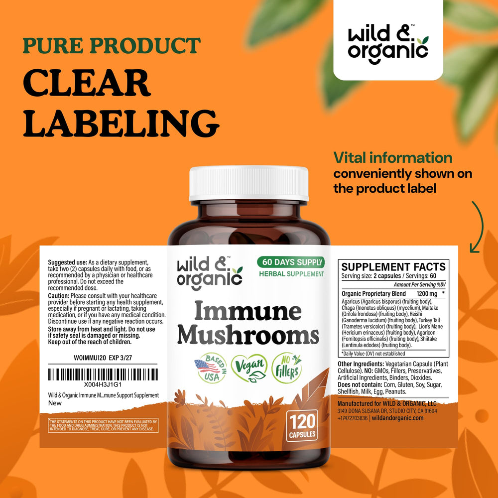 Wild & Organic Immune Mushroom Blend packaging on shelf appealing to vegan shoppers.