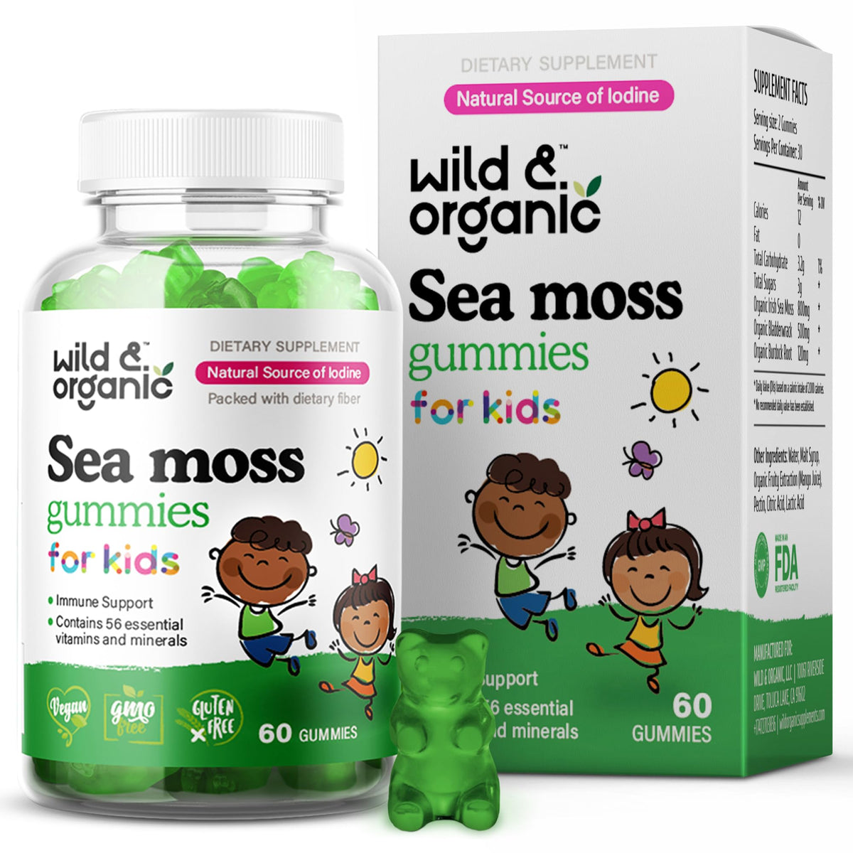 Wild & Organic Irish Sea Moss Gummies for Kids bottle front highlights kid-friendly immune support.