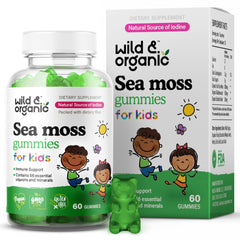 Wild & Organic Irish Sea Moss Gummies for Kids bottle front highlights kid-friendly immune support.