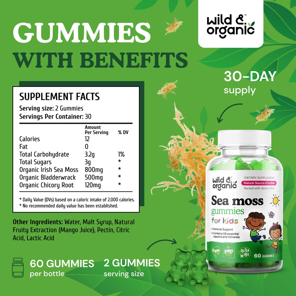 Wild & Organic Irish Sea Moss Gummies mango flavor appeals to kids.