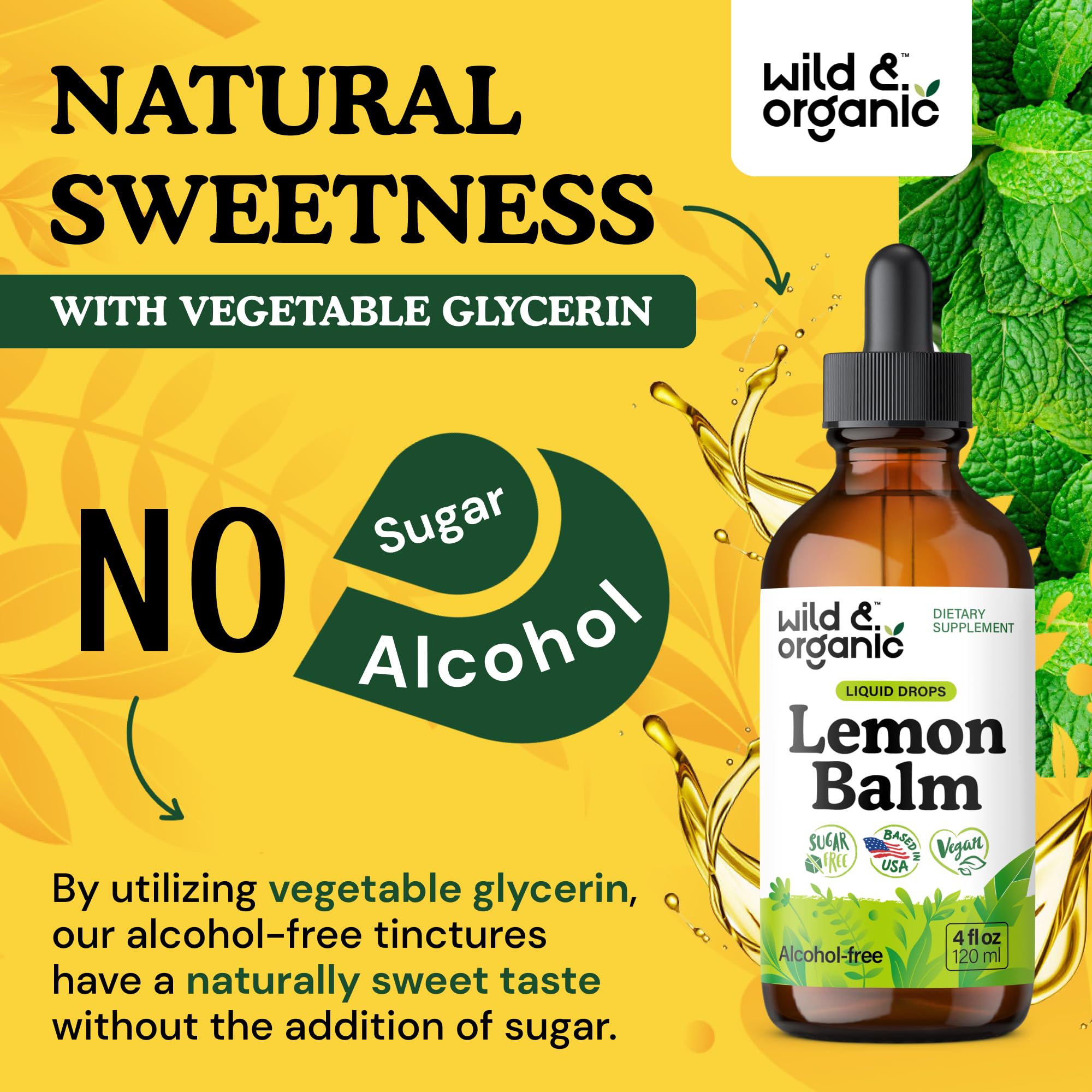 Wild & Organic Lemon Balm leaves close-up emphasizes plant source for calming rituals.