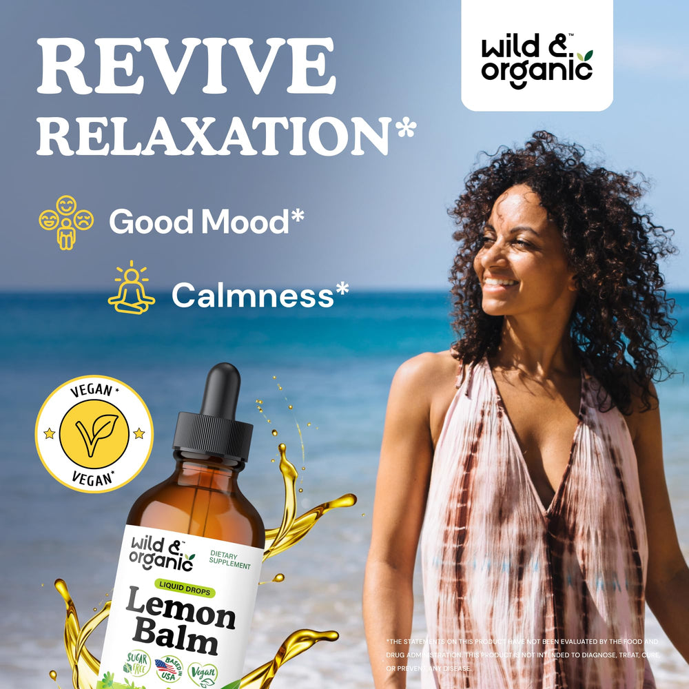 Wild & Organic Lemon Balm Tincture bottle back label shows ingredients and vegan formula.