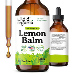 Wild & Organic Lemon Balm Tincture bottle front highlights mood support potential.