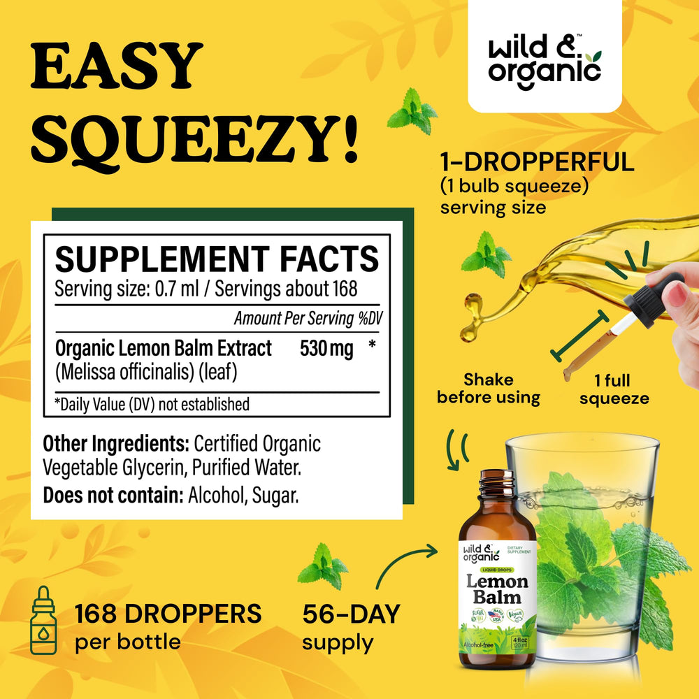 Wild & Organic Lemon Balm Tincture drops pour demonstrates convenient daily dosing.
