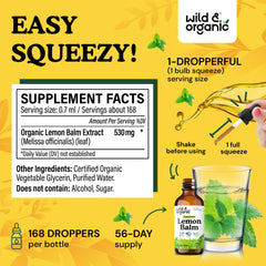 Wild & Organic Lemon Balm Tincture drops pour demonstrates convenient daily dosing.