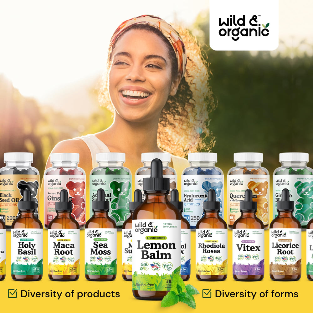 Wild & Organic Lemon Balm Tincture in a cozy kitchen scene suggests versatile use.