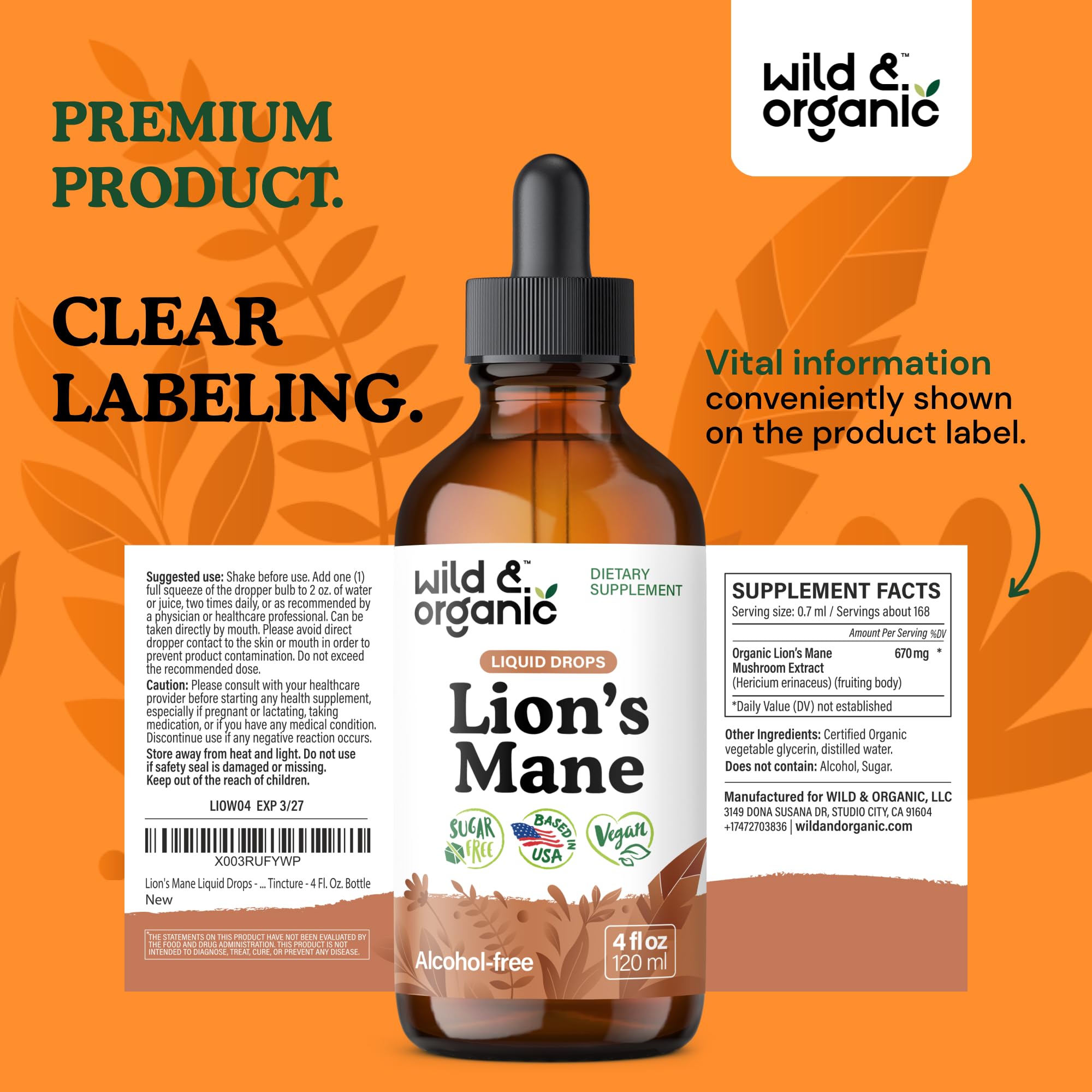 Wild & Organic Lions Mane Liquid Drops daily routine shot for focus