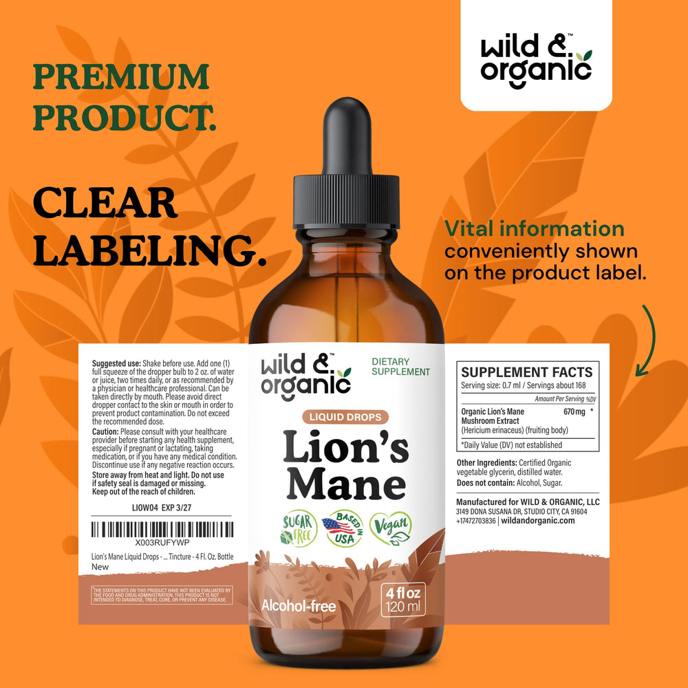 Wild & Organic Lions Mane Liquid Drops daily routine shot for focus