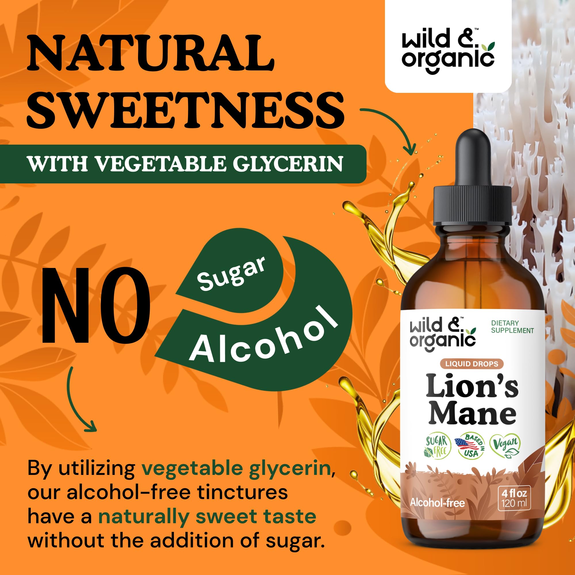 Wild & Organic Lions Mane Liquid Drops glass amber bottle emphasizes preservation