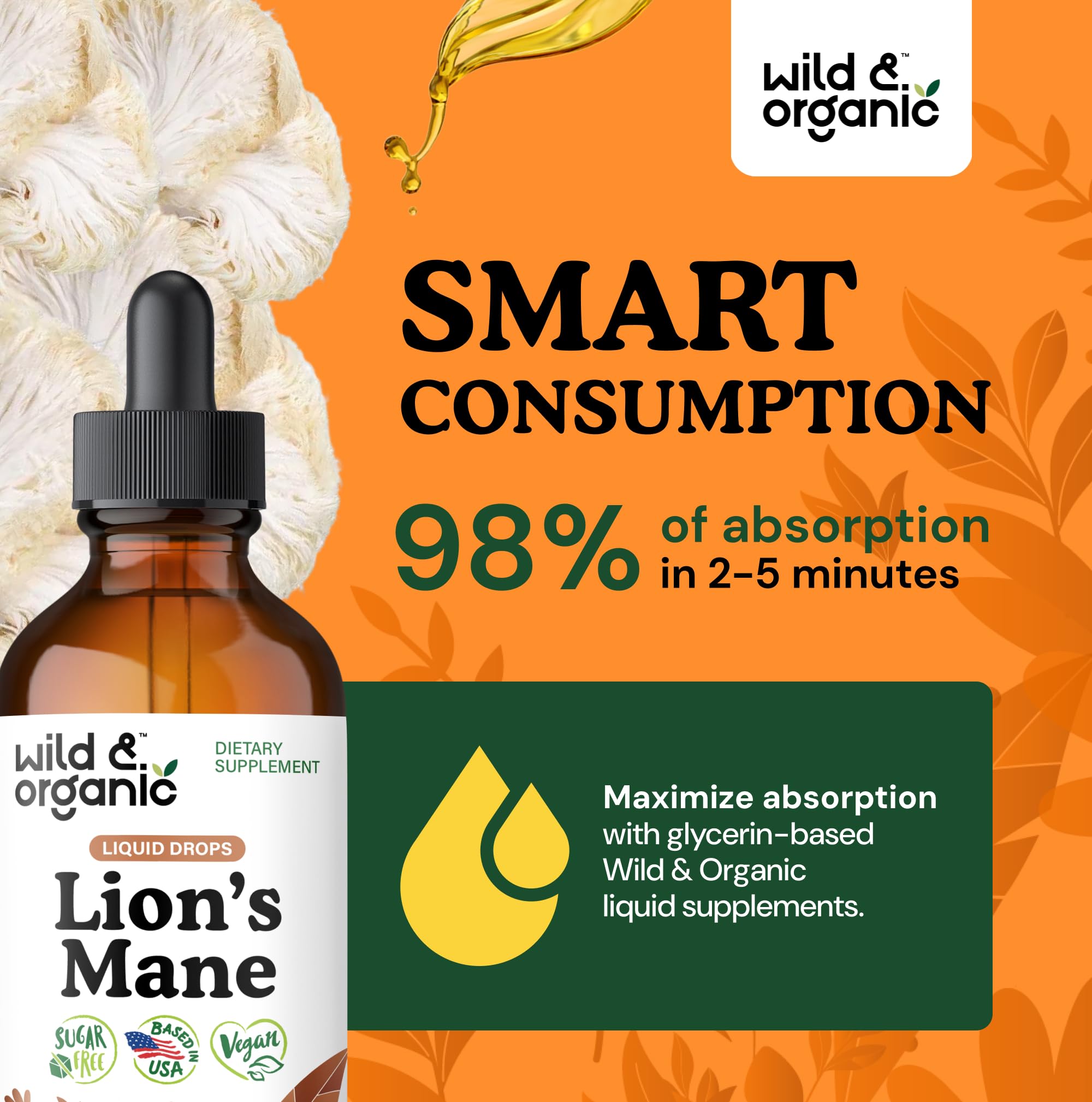 Wild & Organic Lions Mane Liquid Drops label close-up shows vegan formula