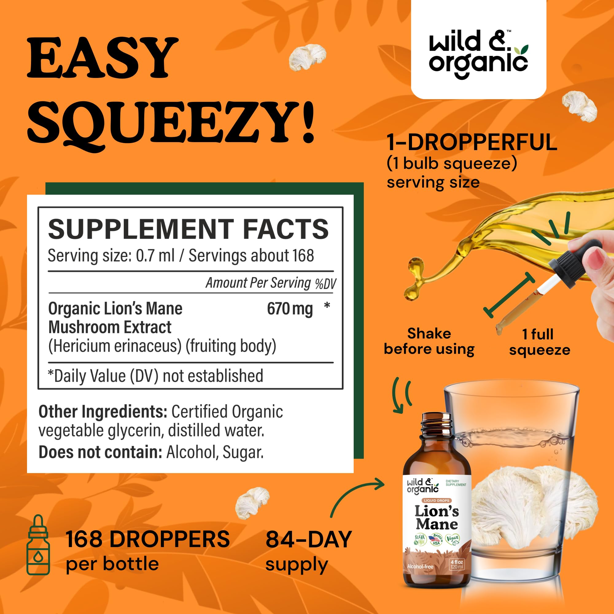 Wild & Organic Lions Mane Liquid Drops pour with easy dispensing