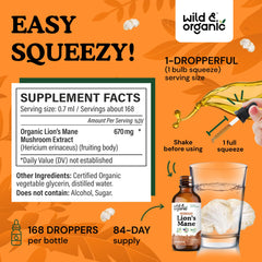 Wild & Organic Lions Mane Liquid Drops pour with easy dispensing