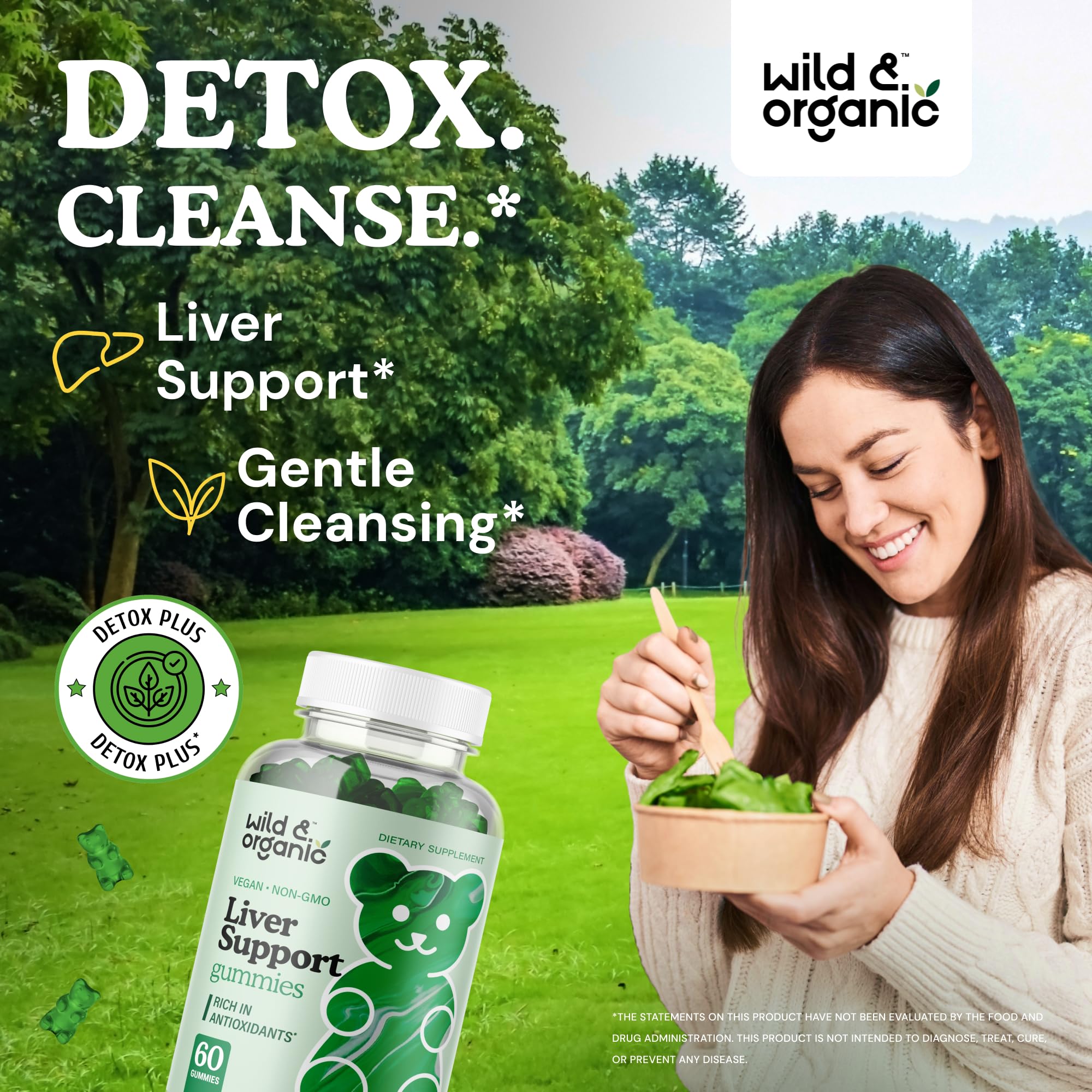 Bottle side view of Wild & Organic Liver Support Gummies for convenient daily use.