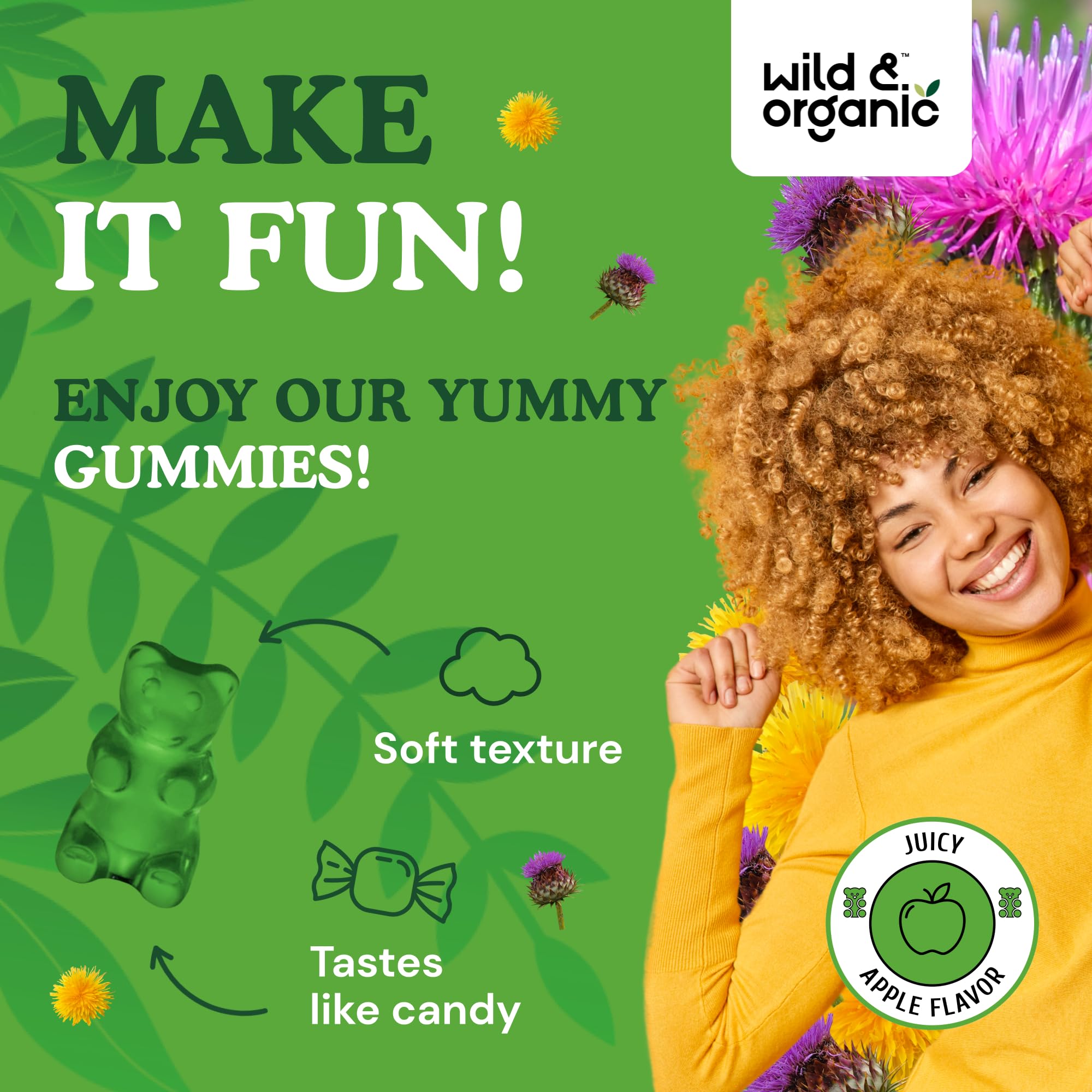 Wild & Organic Liver Support Gummies closeup of dandelion root imagery on label.