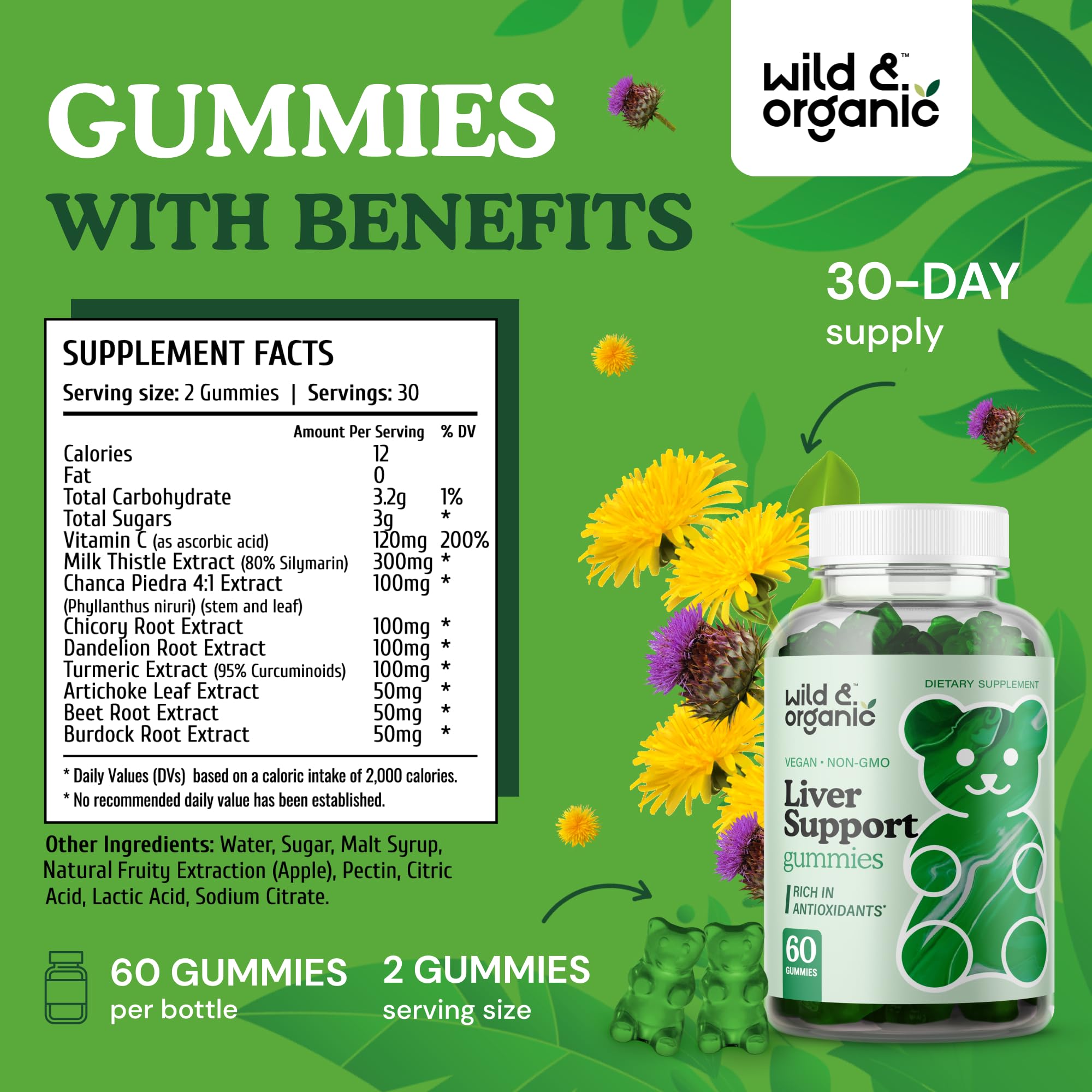 Wild & Organic Liver Support Gummies packaging front shows 60 gummies for convenient daily use.