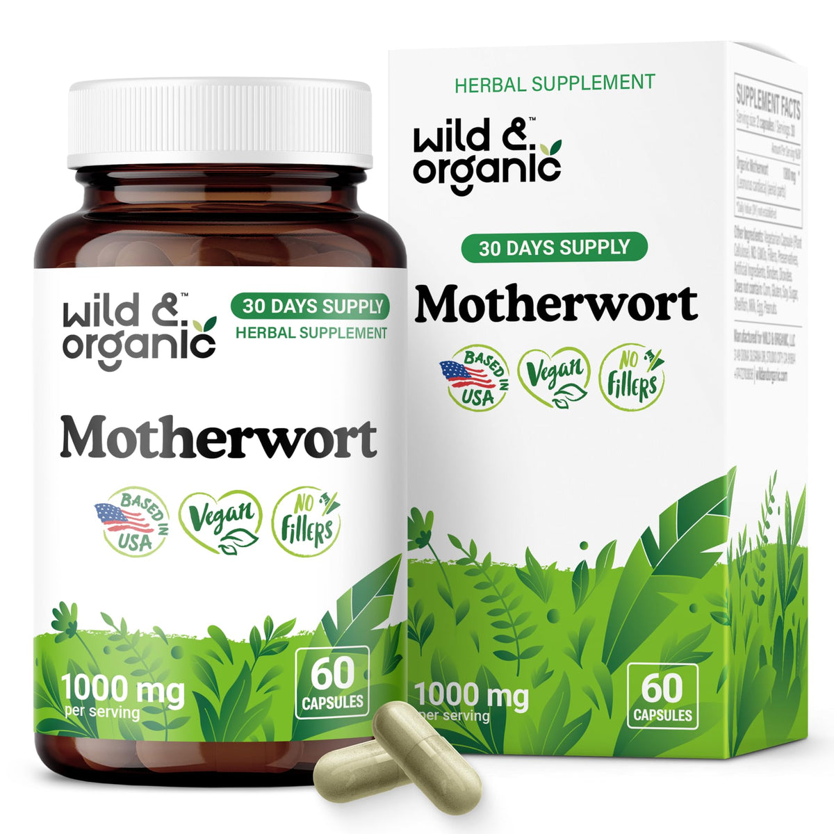 Wild & Organic motherwort capsules bottle with daily calm support