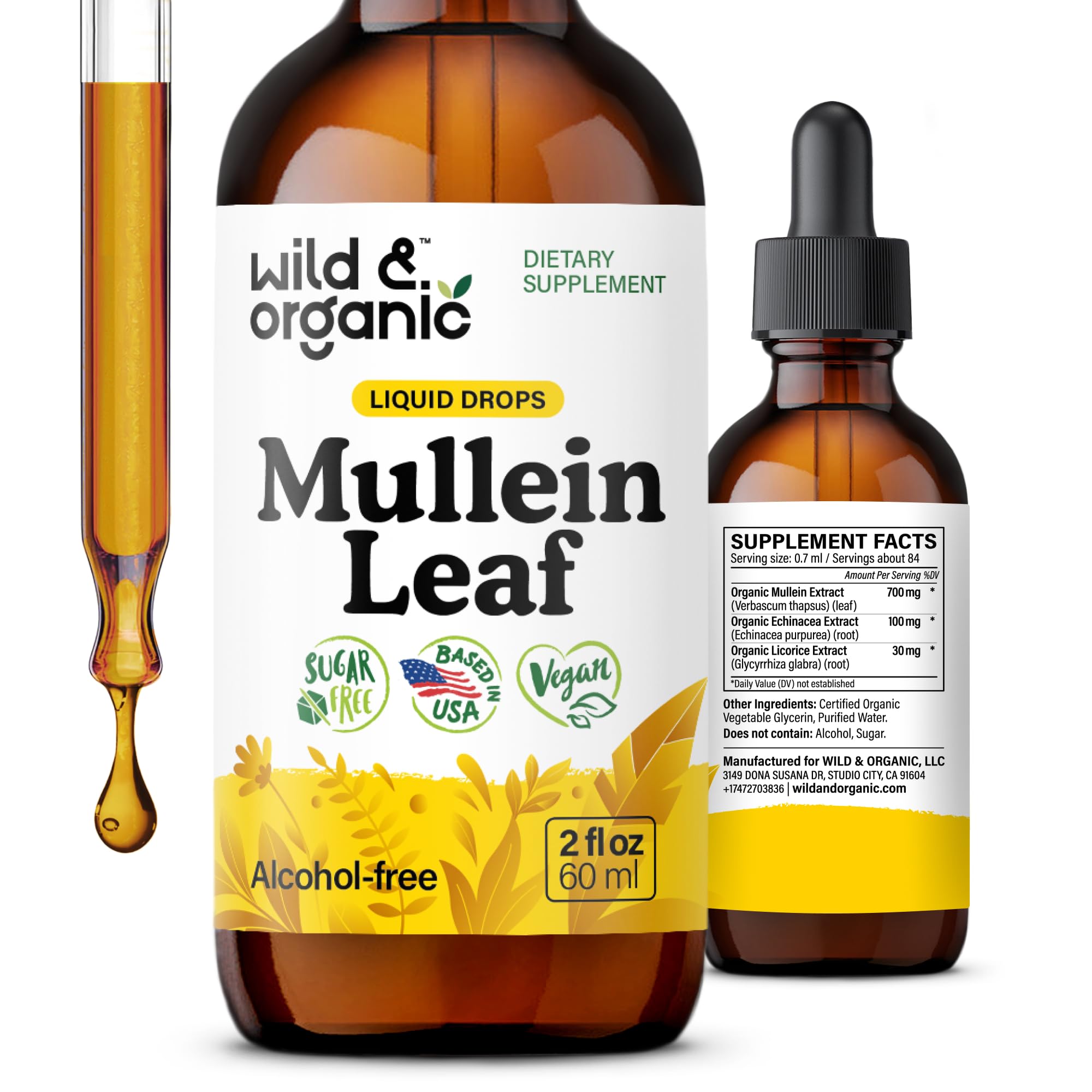 Wild & Organic Mullein Drops bottle front with brand logo on a clean label.
