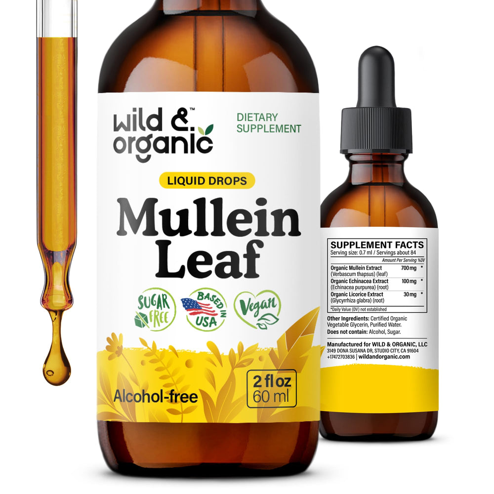Wild & Organic Mullein Drops bottle front with brand logo on a clean label.