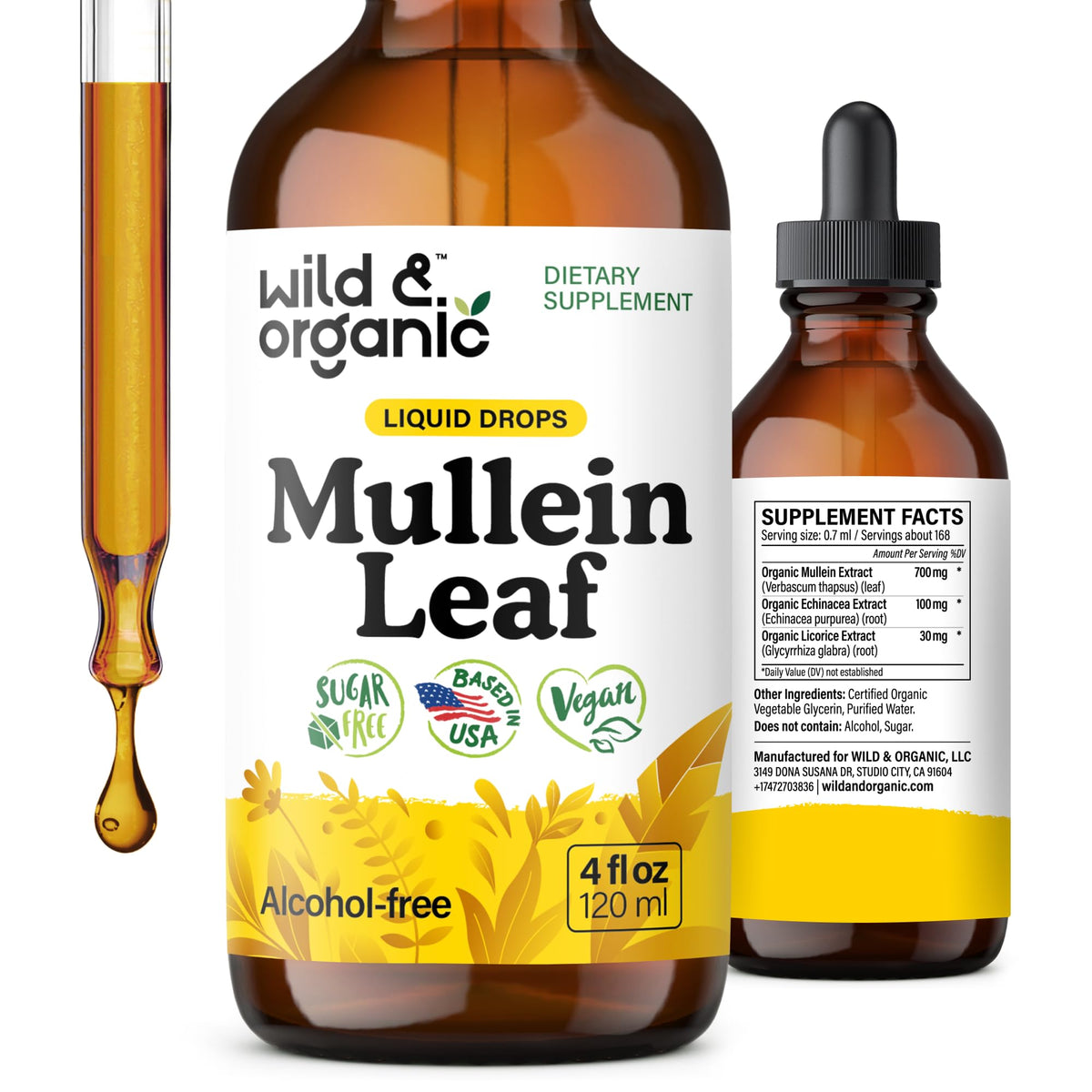 Wild & Organic Mullein Drops bottle with glycerin-based tincture for daily use.