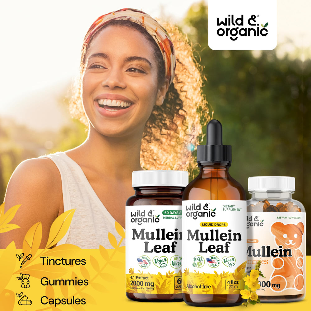 Close-up of Wild & Organic Mullein Drops label highlighting vegan ingredients.