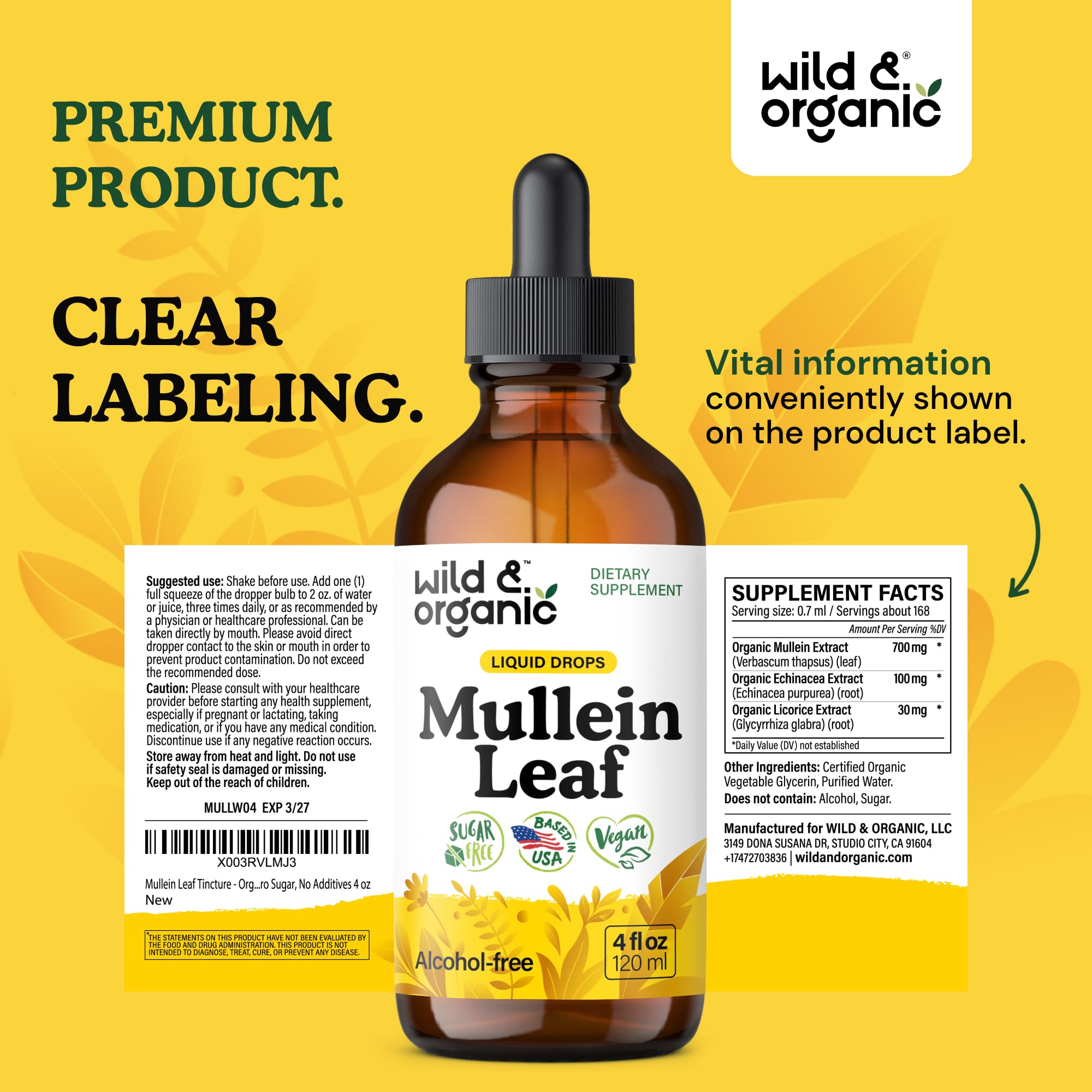 Natural glycerin-based sweetness defines the tasting experience of Wild & Organic Mullein Drops.