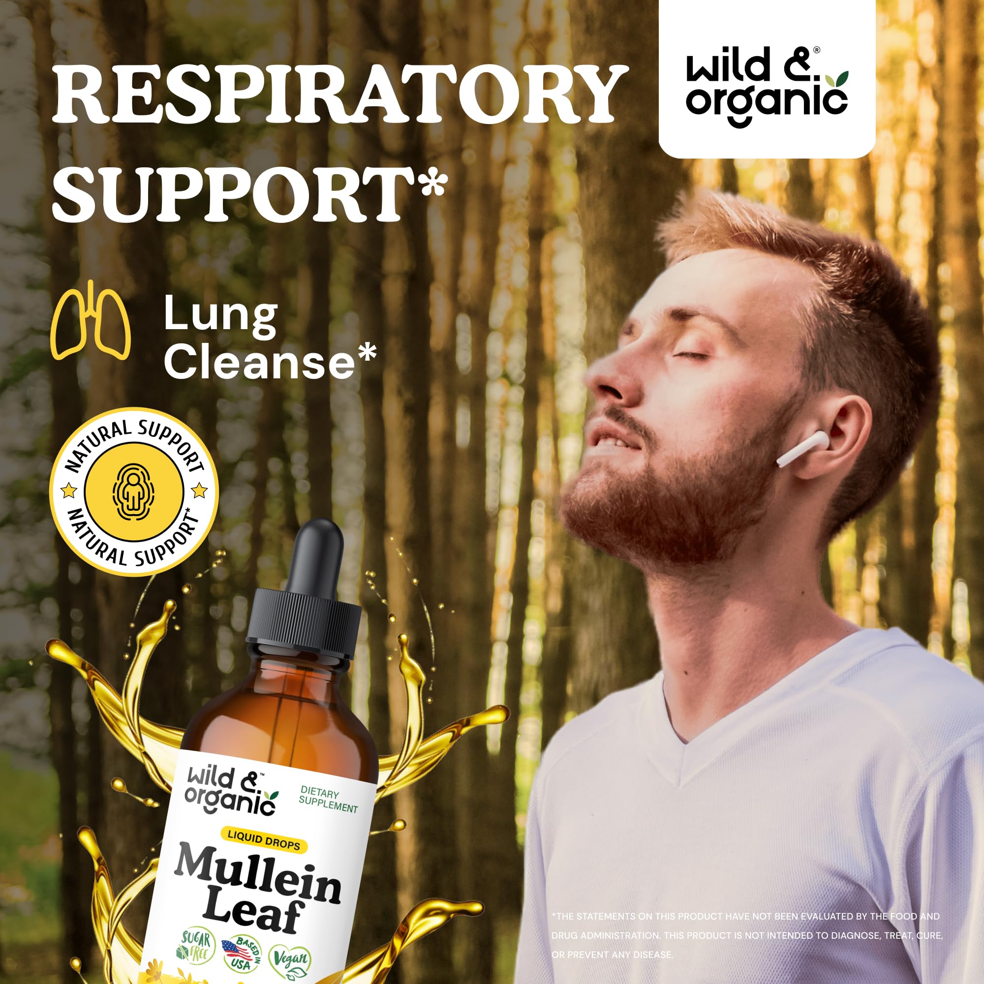 Pour action of Wild & Organic Mullein Drops shows alcohol-free herbal extract.