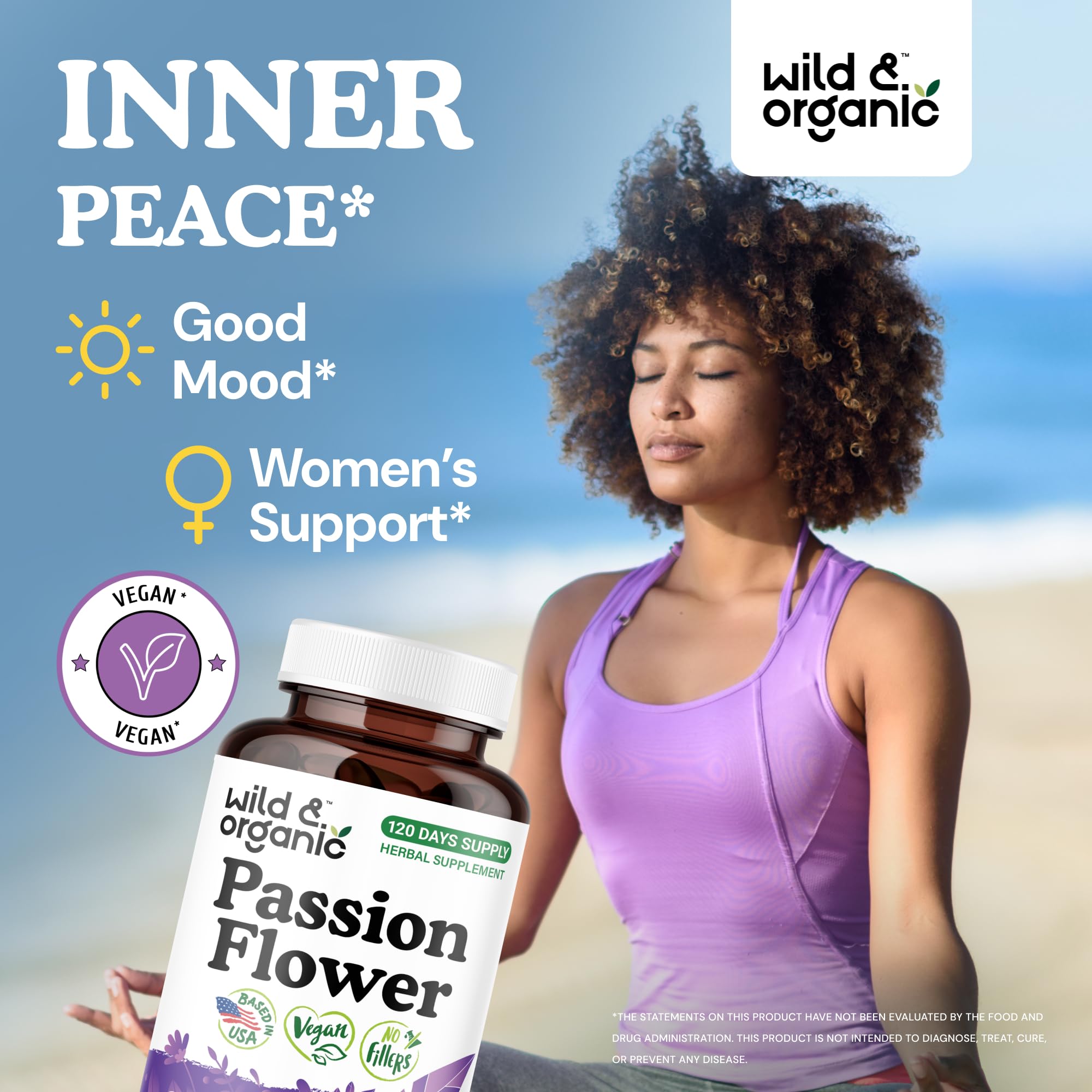 Closeup of Wild & Organic passion flower capsules highlights vegan, non-GMO formula.