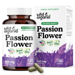 Wild & Organic Passion Flower Extract capsules bottle shows 600 mg relaxation support.