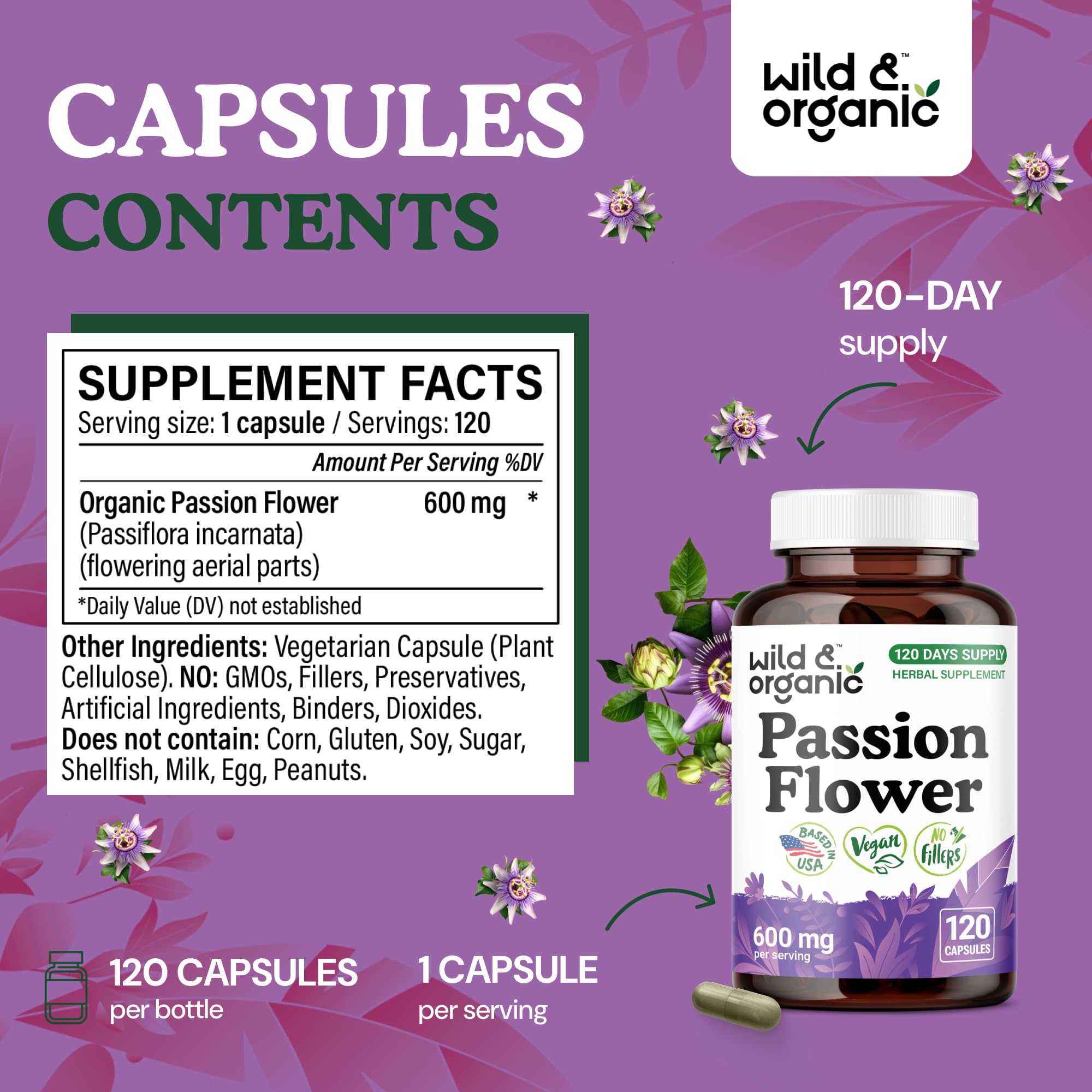 Wild & Organic passion flower plant leaves suggest natural sourcing for mood comfort.