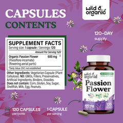 Wild & Organic passion flower plant leaves suggest natural sourcing for mood comfort.