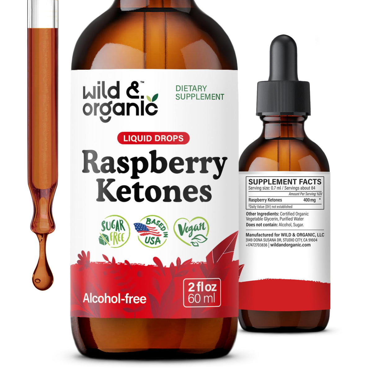 Wild & Organic Raspberry Ketones tincture bottle with dropper for daily wellness support