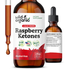 Wild & Organic Raspberry Ketones tincture bottle with dropper for daily wellness support
