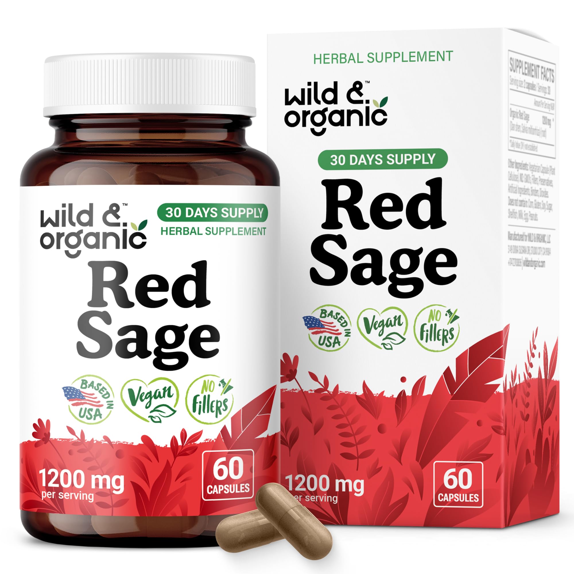 Wild and Organic Red Sage Capsules bottle for daily antioxidant support.
