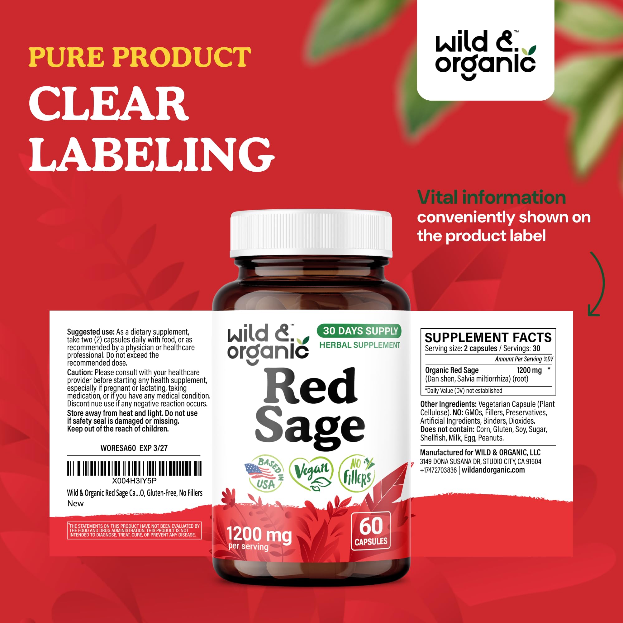 Wild and Organic Red Sage Capsules inside bottle on shelf.