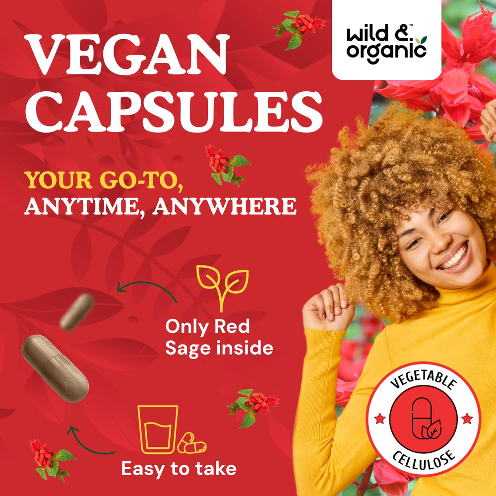 Wild and Organic Red Sage Capsules label close-up with vegan formula.