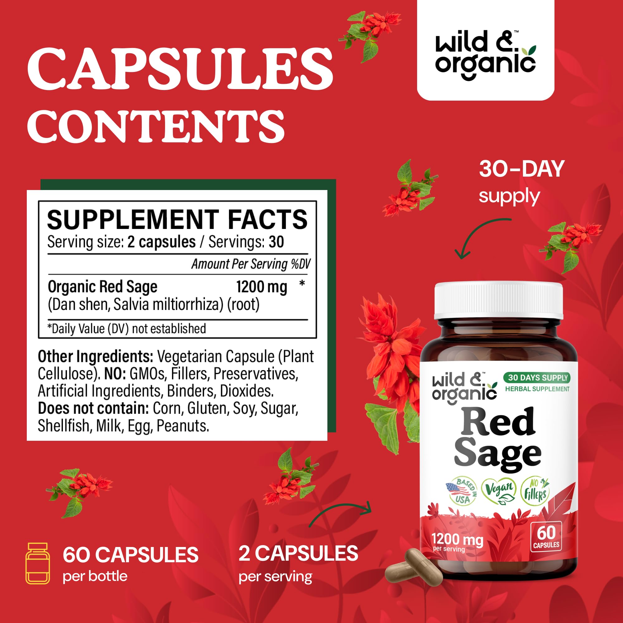 Wild and Organic Red Sage Capsules pour scene highlighting easy-to-take design.