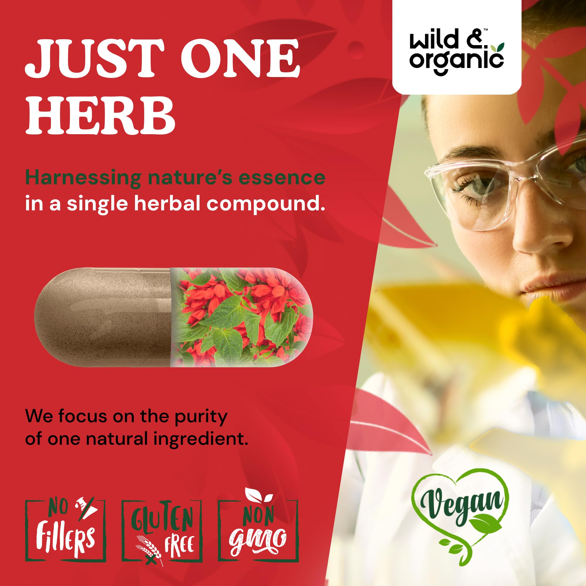 Wild and Organic Red Sage Capsules vegan coating close-up.