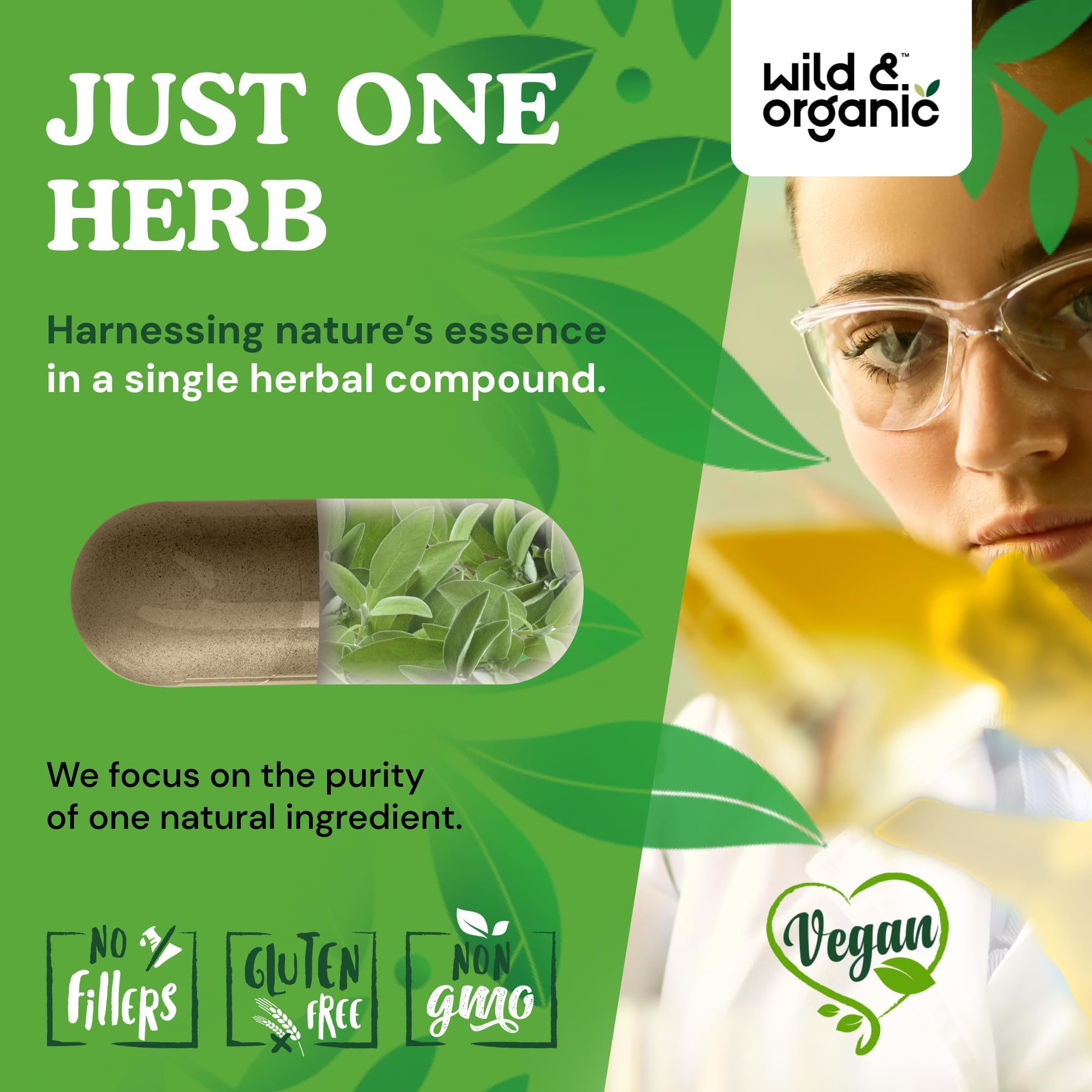 Wild and Organic Sage Capsules vegan icon badge emphasizing plant-based formulation