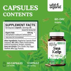 Wild & Organic Sea Kelp supplement label highlights no fillers and GMO-free ingredients